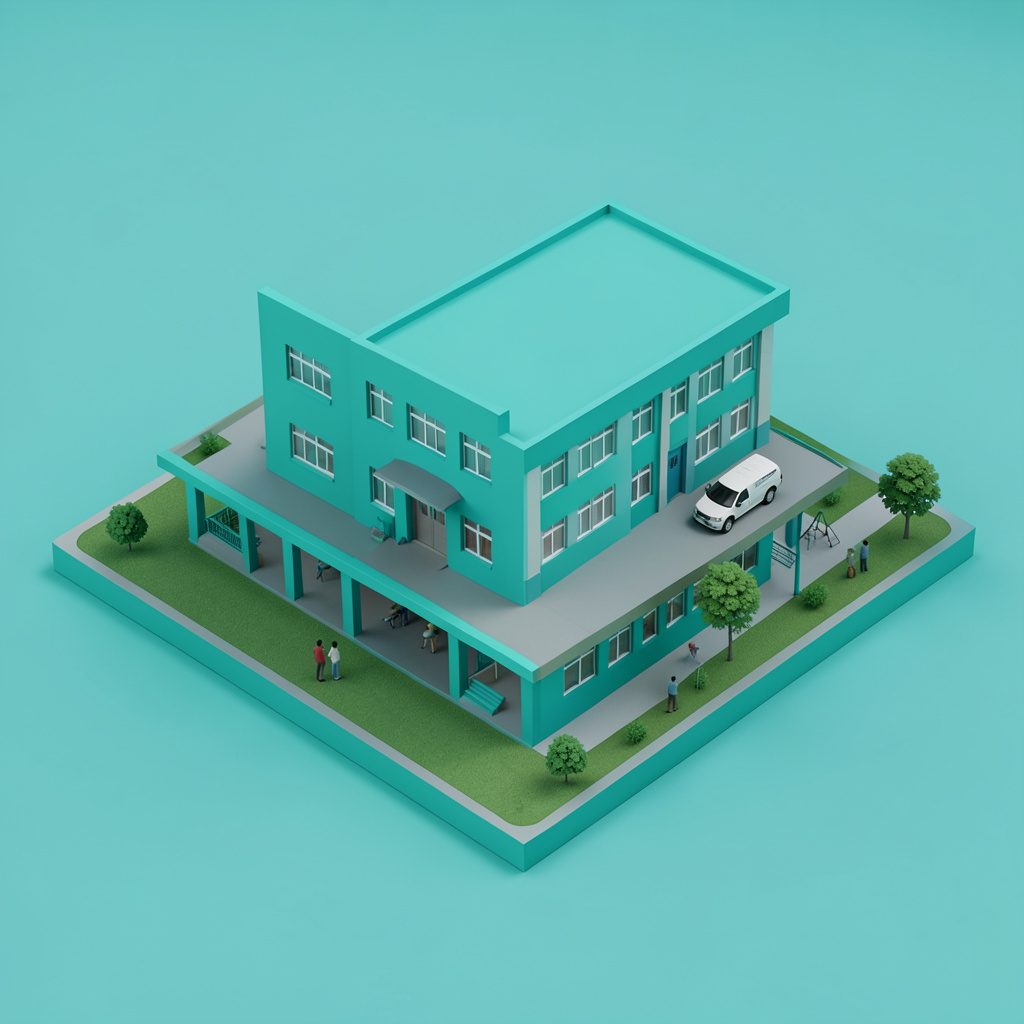 Yumuşak pastel renklerde modern bir anaokulu binasının izometrik 3D gösterimi, küçük çocuk oyun alanı ve giriş tabelası